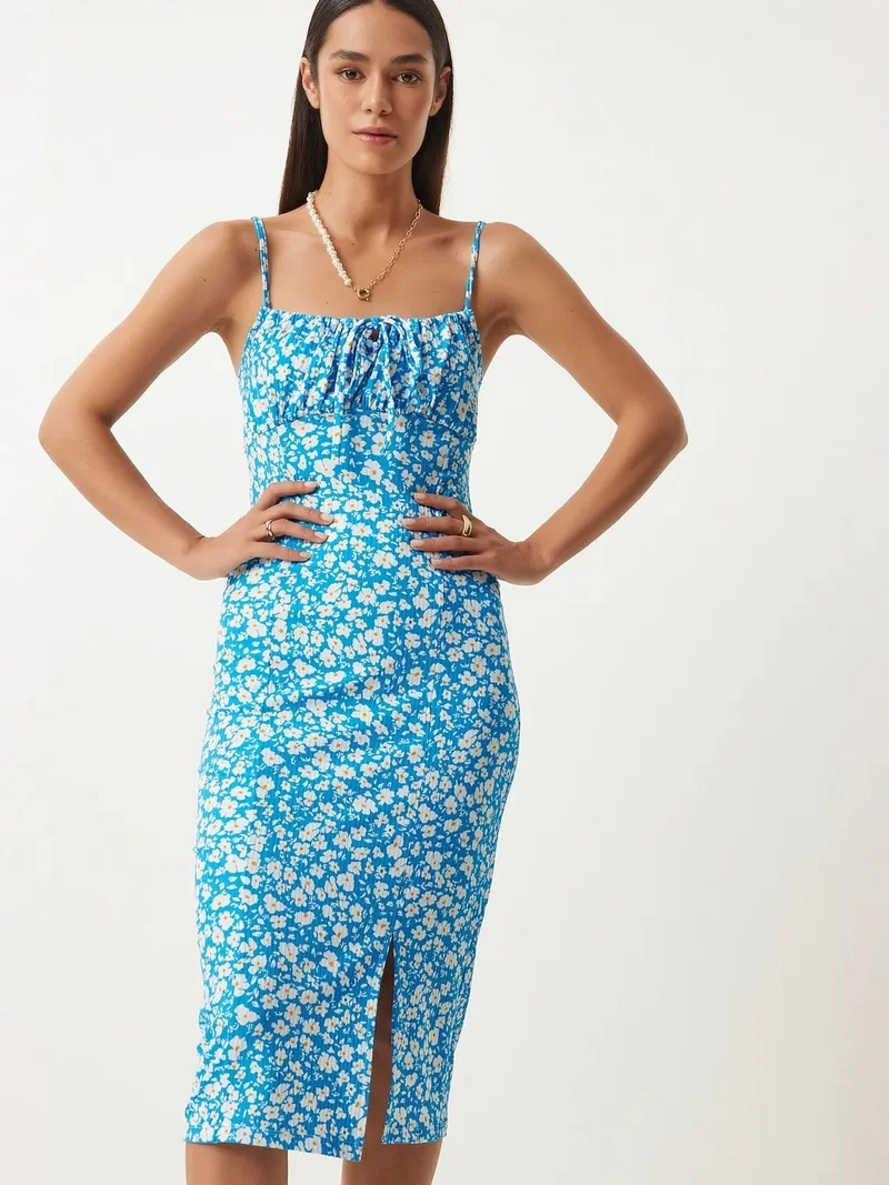 Happiness İstanbul ISTANBUL Floral Ribbed Bodycon Midi Dress with Slit