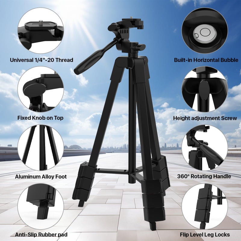 DEGLASERS Laser Level Tripod,1/4"-20 Thread Mount,18" Lightweight Aluminum Portable Adjustable Tripod with 3-Way Flexible Pan Head, Bubble Level, Non-Skid Feet, Carrying Pouch Included,Black - Image 4