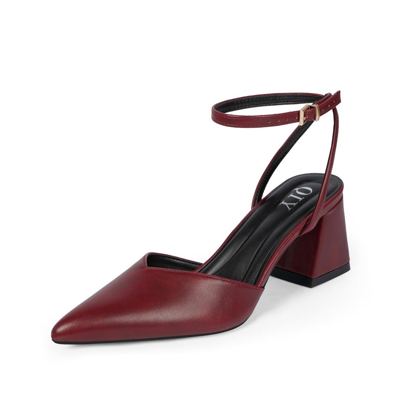 QIY Burgundy Heels for Women Closed Toe Wine Red Pointed Toe Heels for Women Ankle Strap Strappy Slingback Sling Back Short Low Chunky Block Heel Women's Pumps Dress Wedding Shoes Size 6 - Image 1