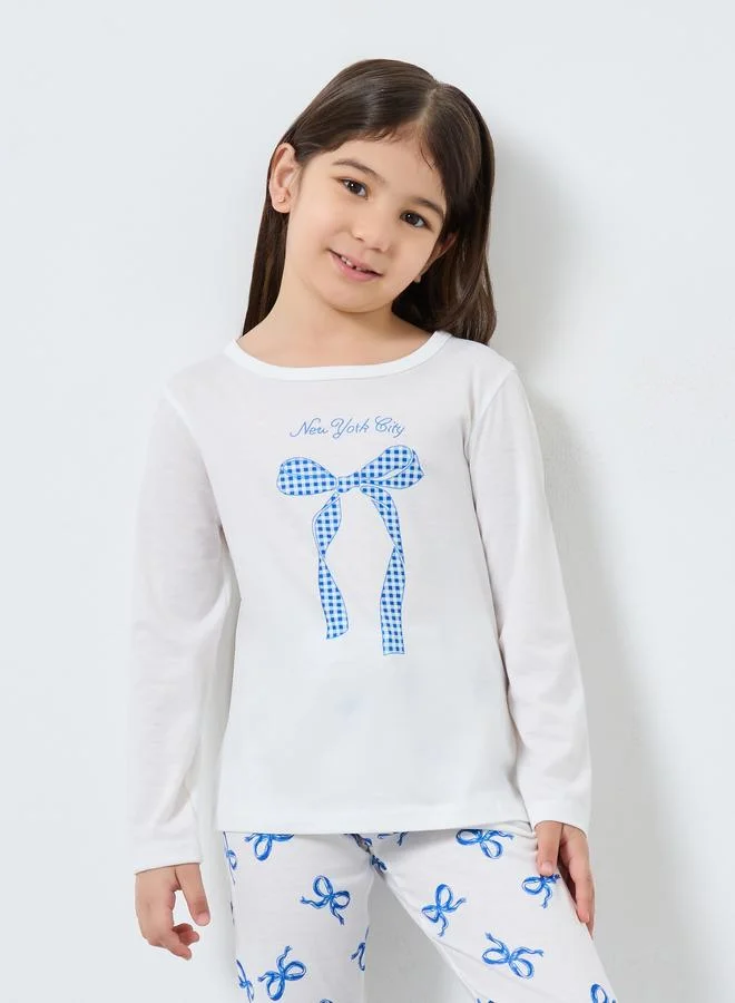 Styli Styli Off White Bow Print Long Sleeve Top and Pyjama Set