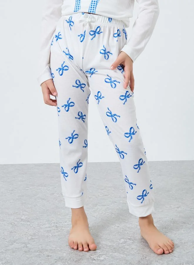 Styli Styli Off White Bow Print Long Sleeve Top and Pyjama Set