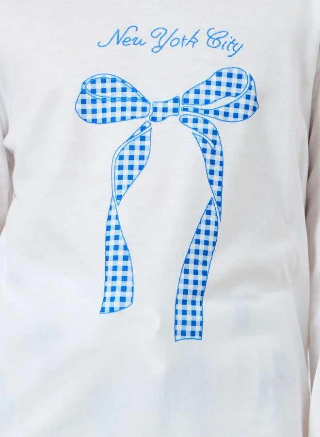 Styli Styli Off White Bow Print Long Sleeve Top and Pyjama Set