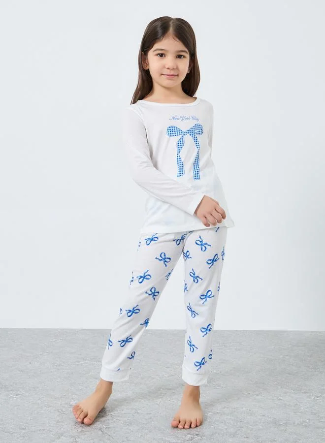 Styli Styli Off White Bow Print Long Sleeve Top and Pyjama Set