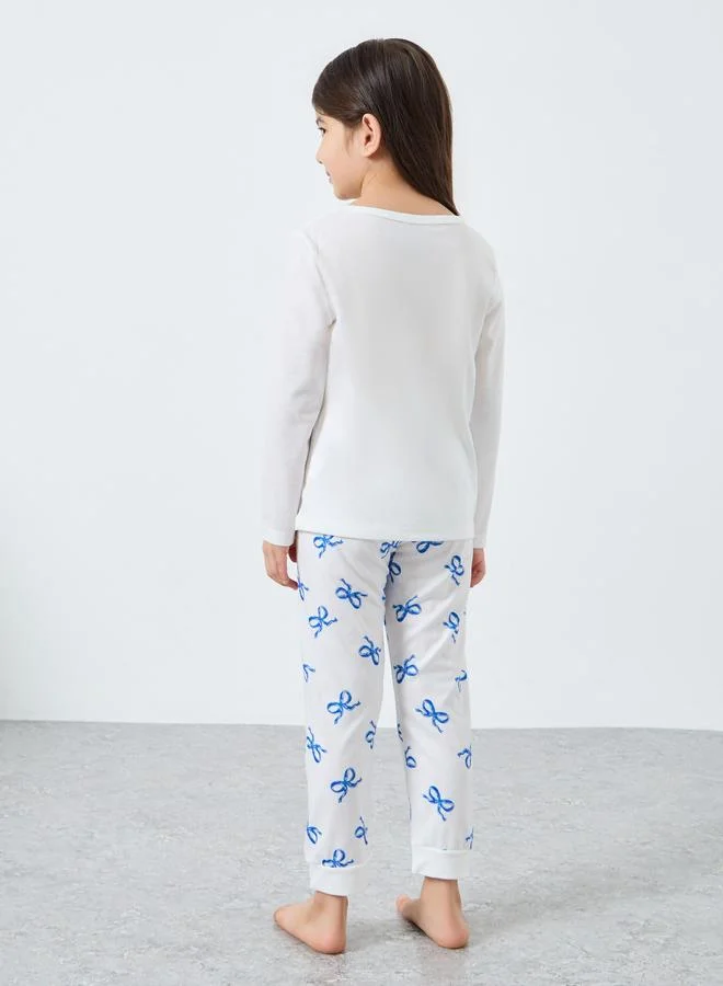 Styli Styli Off White Bow Print Long Sleeve Top and Pyjama Set