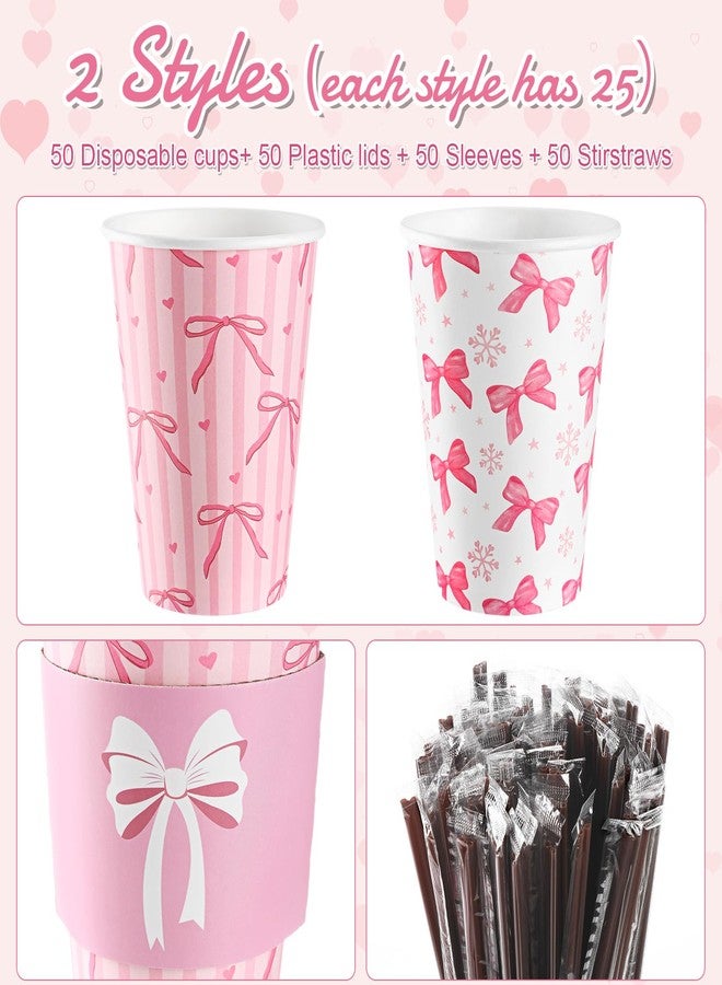 Jingmore 50 Set Pink Bow Coffee Cups with Lids, Straws and Sleeves Pink Bowknot Disposable Drinking Cup for Wedding Coquette Birthday Baby Shower Bachelorette Party Supplies (12 oz) - Image 3