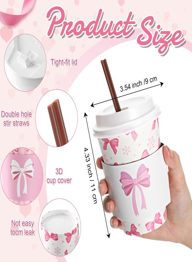 Jingmore 50 Set Pink Bow Coffee Cups with Lids, Straws and Sleeves Pink Bowknot Disposable Drinking Cup for Wedding Coquette Birthday Baby Shower Bachelorette Party Supplies (12 oz) - Image 2