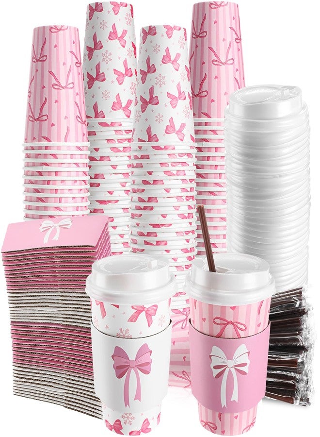 Jingmore 50 Set Pink Bow Coffee Cups with Lids, Straws and Sleeves Pink Bowknot Disposable Drinking Cup for Wedding Coquette Birthday Baby Shower Bachelorette Party Supplies (12 oz) - Image 1