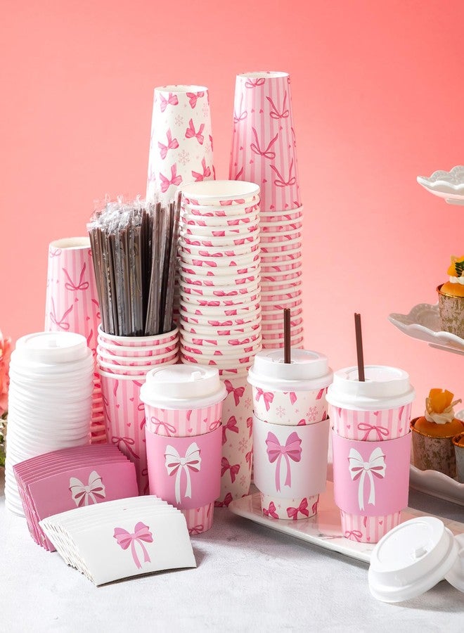 Jingmore 50 Set Pink Bow Coffee Cups with Lids, Straws and Sleeves Pink Bowknot Disposable Drinking Cup for Wedding Coquette Birthday Baby Shower Bachelorette Party Supplies (12 oz) - Image 4