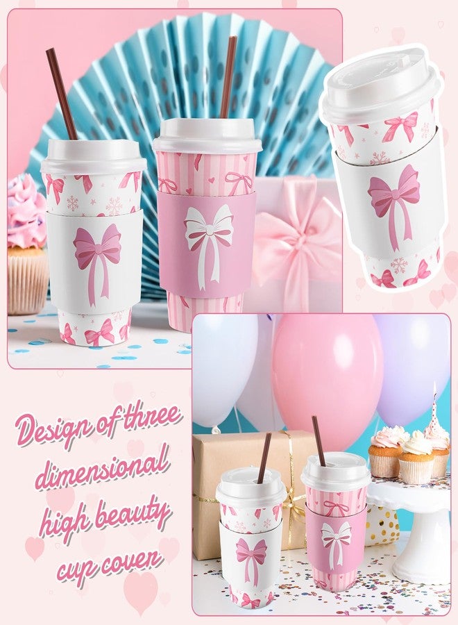 Jingmore 50 Set Pink Bow Coffee Cups with Lids, Straws and Sleeves Pink Bowknot Disposable Drinking Cup for Wedding Coquette Birthday Baby Shower Bachelorette Party Supplies (12 oz) - Image 5