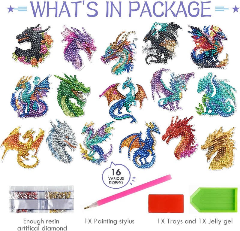 مغناطيسات فنية على شكل تنين مرصعة بالألماس من Sitink - مجموعة من 16 مغناطيس للثلاجة مزينة برسومات بألماس، مجموعات حرفية صغيرة مناسبة للنساء البالغات للهواية الفنية باستخدام الزجاج الملون. - Image 3