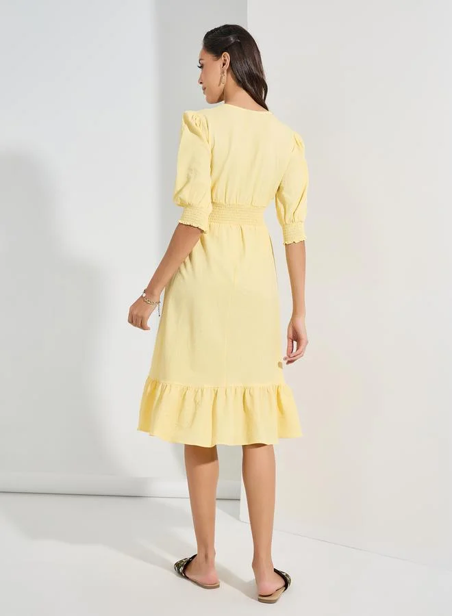 Styli Textured V Neck A-Line Midi Dress