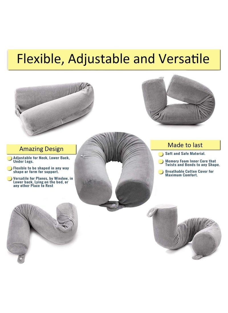 Arabest - Twist Memory Foam Travel Pillow, Neck Pillow for Neck, Chin, Lumbar and Leg Support Pain Relief, Adjustable Pillow for Airplane, Car, Home (Grey) - Image 1