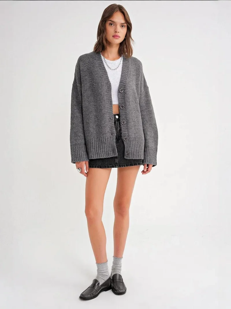 MixRay Mixray Buttoned V-Neck Ribbed Knit Cardigan