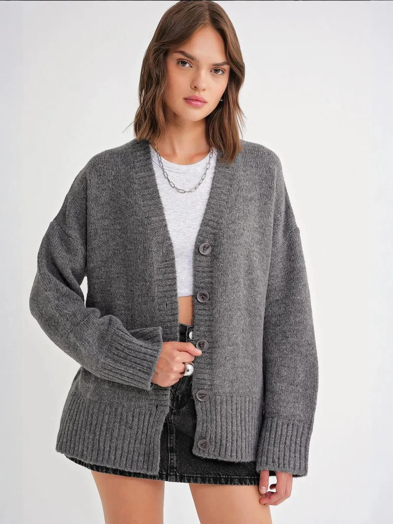 MixRay Mixray Buttoned V-Neck Ribbed Knit Cardigan