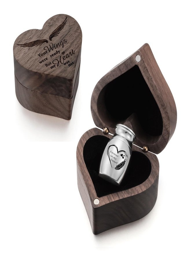 XIUDA Wooden Mini Memorial Small Urns for Ashes Stainless Steel Cremation Mini Urn with Black Walunt Box Funeral Heart Wings Keepsake Urn for Ashes - Image 1