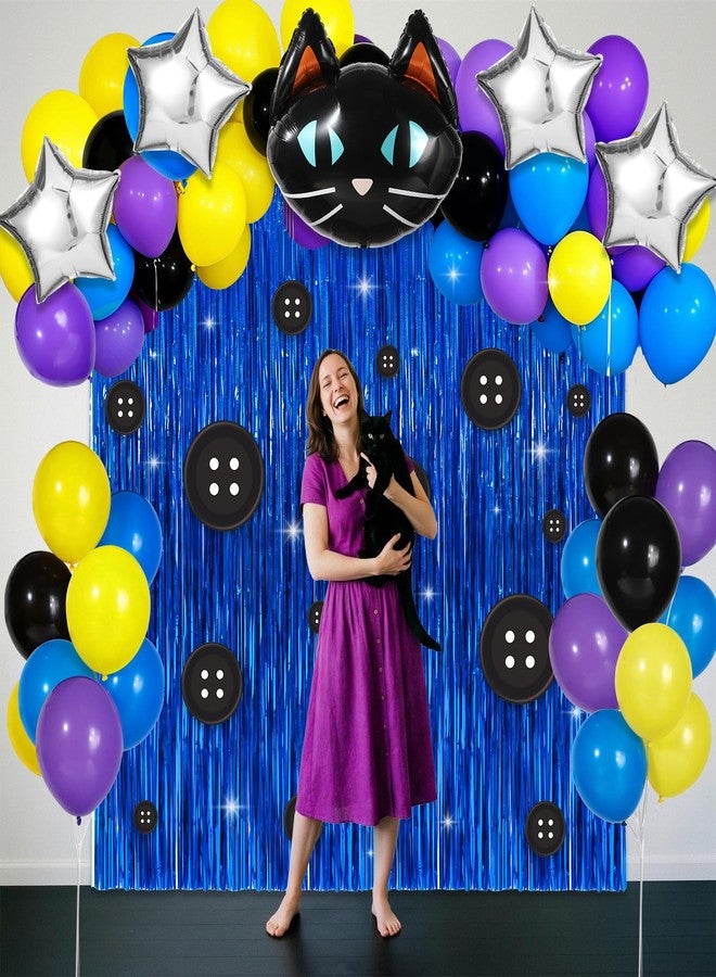 ojustbeok 62pcs Horror Movie Party Decorations Set Button Eye Party Supplies Black Cat Balloons Navy Blue Foil Fringe Curtains Button Eye Cutouts Halloween Colourful Balloons Kit Cartoon Movie Favors Decor - Image 4
