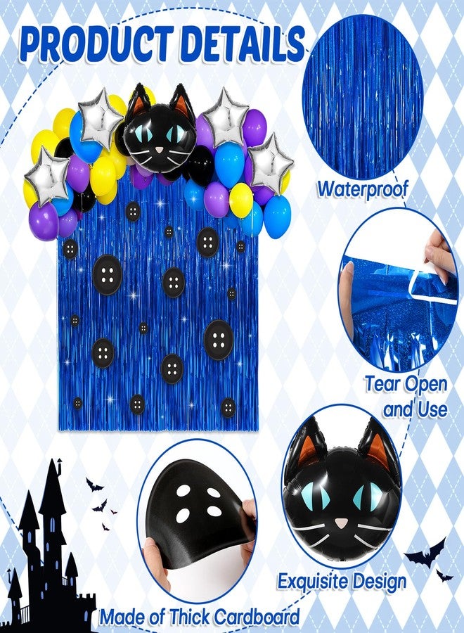ojustbeok 62pcs Horror Movie Party Decorations Set Button Eye Party Supplies Black Cat Balloons Navy Blue Foil Fringe Curtains Button Eye Cutouts Halloween Colourful Balloons Kit Cartoon Movie Favors Decor - Image 3