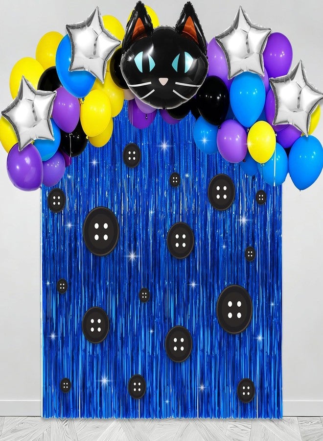 ojustbeok 62pcs Horror Movie Party Decorations Set Button Eye Party Supplies Black Cat Balloons Navy Blue Foil Fringe Curtains Button Eye Cutouts Halloween Colourful Balloons Kit Cartoon Movie Favors Decor - Image 1