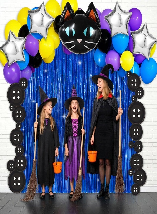 ojustbeok 62pcs Horror Movie Party Decorations Set Button Eye Party Supplies Black Cat Balloons Navy Blue Foil Fringe Curtains Button Eye Cutouts Halloween Colourful Balloons Kit Cartoon Movie Favors Decor - Image 5