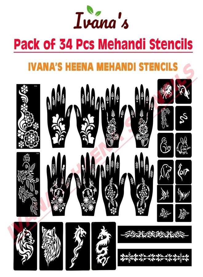 إيفاناز مجموعة إيفانا المكونة من 34 قطعة من قوالب الحناء القابلة لإعادة الاستخدام لليدين والمعصمين والجسم والظهر والرقبة والوجه، عبوة كومبو من القوالب للنساء والفتيات والأطفال، سهلة الاستخدام في 4 خطوات فقط، مجموعة تصميم هندي، A2059 - Image 3