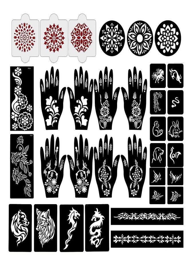 إيفاناز مجموعة إيفانا المكونة من 34 قطعة من قوالب الحناء القابلة لإعادة الاستخدام لليدين والمعصمين والجسم والظهر والرقبة والوجه، عبوة كومبو من القوالب للنساء والفتيات والأطفال، سهلة الاستخدام في 4 خطوات فقط، مجموعة تصميم هندي، A2059 - Image 1