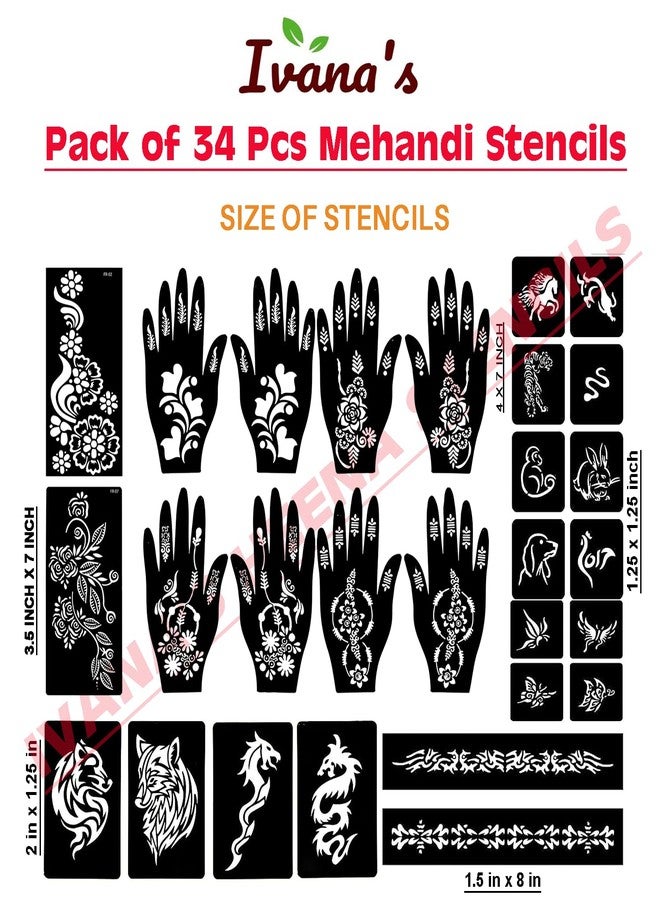 إيفاناز مجموعة إيفانا المكونة من 34 قطعة من قوالب الحناء القابلة لإعادة الاستخدام لليدين والمعصمين والجسم والظهر والرقبة والوجه، عبوة كومبو من القوالب للنساء والفتيات والأطفال، سهلة الاستخدام في 4 خطوات فقط، مجموعة تصميم هندي، A2059 - Image 4