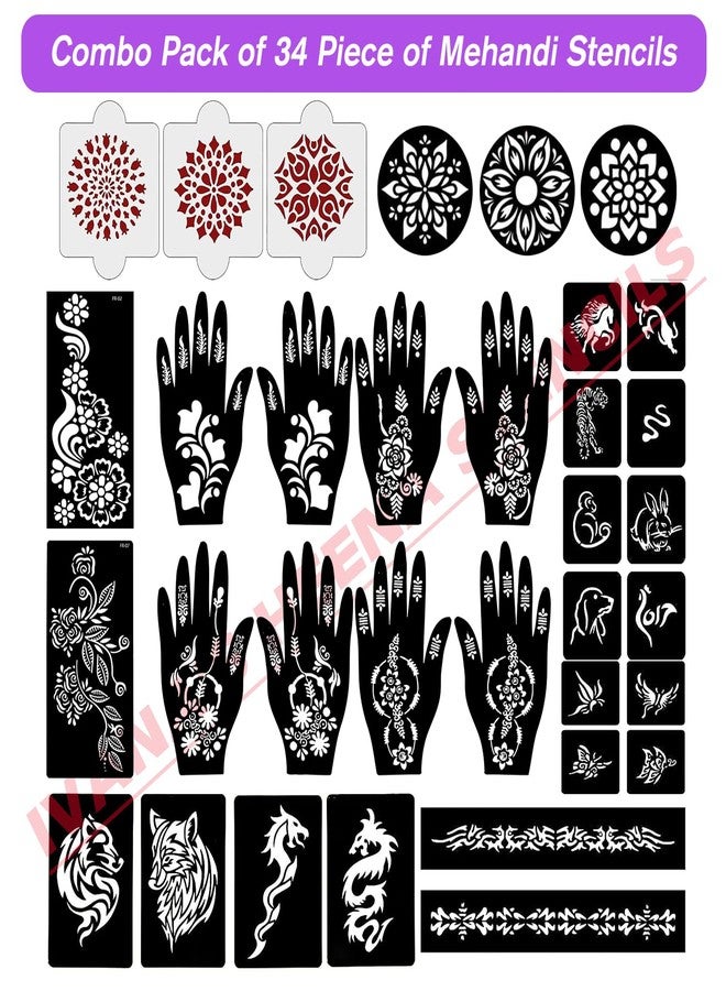 إيفاناز مجموعة إيفانا المكونة من 34 قطعة من قوالب الحناء القابلة لإعادة الاستخدام لليدين والمعصمين والجسم والظهر والرقبة والوجه، عبوة كومبو من القوالب للنساء والفتيات والأطفال، سهلة الاستخدام في 4 خطوات فقط، مجموعة تصميم هندي، A2059 - Image 2