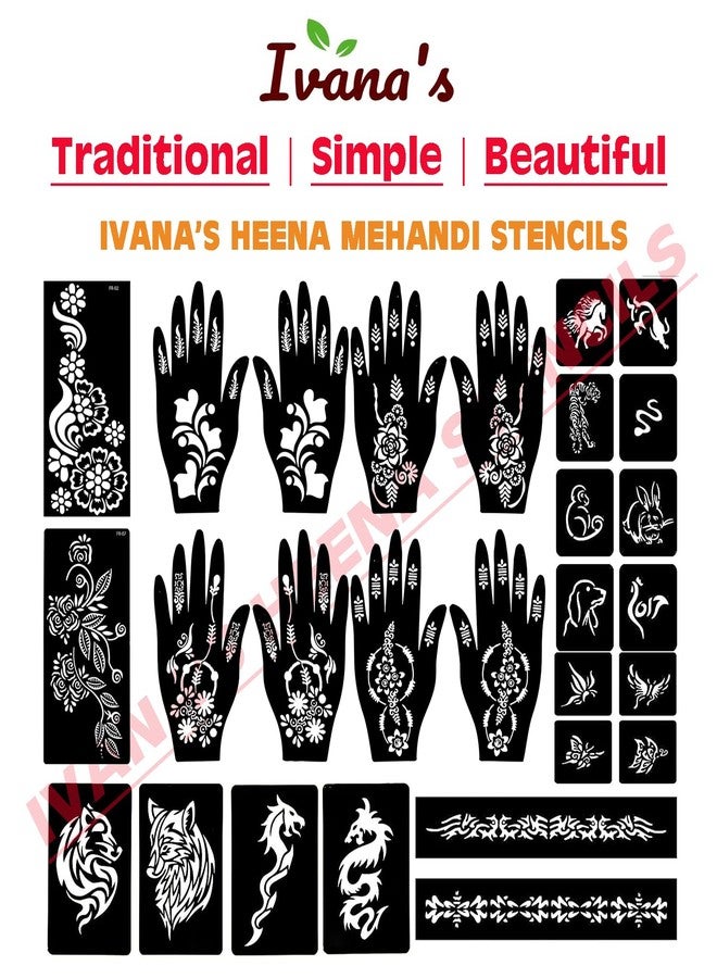 إيفاناز مجموعة إيفانا المكونة من 34 قطعة من قوالب الحناء القابلة لإعادة الاستخدام لليدين والمعصمين والجسم والظهر والرقبة والوجه، عبوة كومبو من القوالب للنساء والفتيات والأطفال، سهلة الاستخدام في 4 خطوات فقط، مجموعة تصميم هندي، A2059 - Image 5