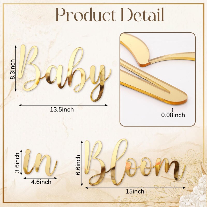 Dunzoom Baby in Bloom Sign for Backdrop Gold Mirror Acrylic Baby in Bloom Sticker Letters Decals Gender Reveal Boy Girl Decorations for 1st Birthday Backdrop Photography Background Wall Photo Prop - Image 2