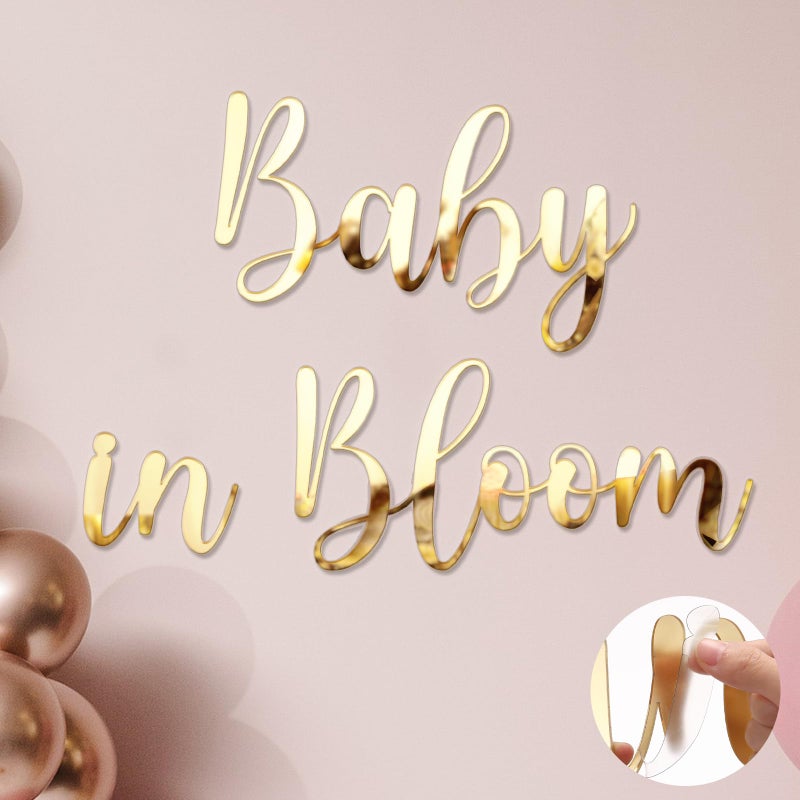 Dunzoom Baby in Bloom Sign for Backdrop Gold Mirror Acrylic Baby in Bloom Sticker Letters Decals Gender Reveal Boy Girl Decorations for 1st Birthday Backdrop Photography Background Wall Photo Prop - Image 1