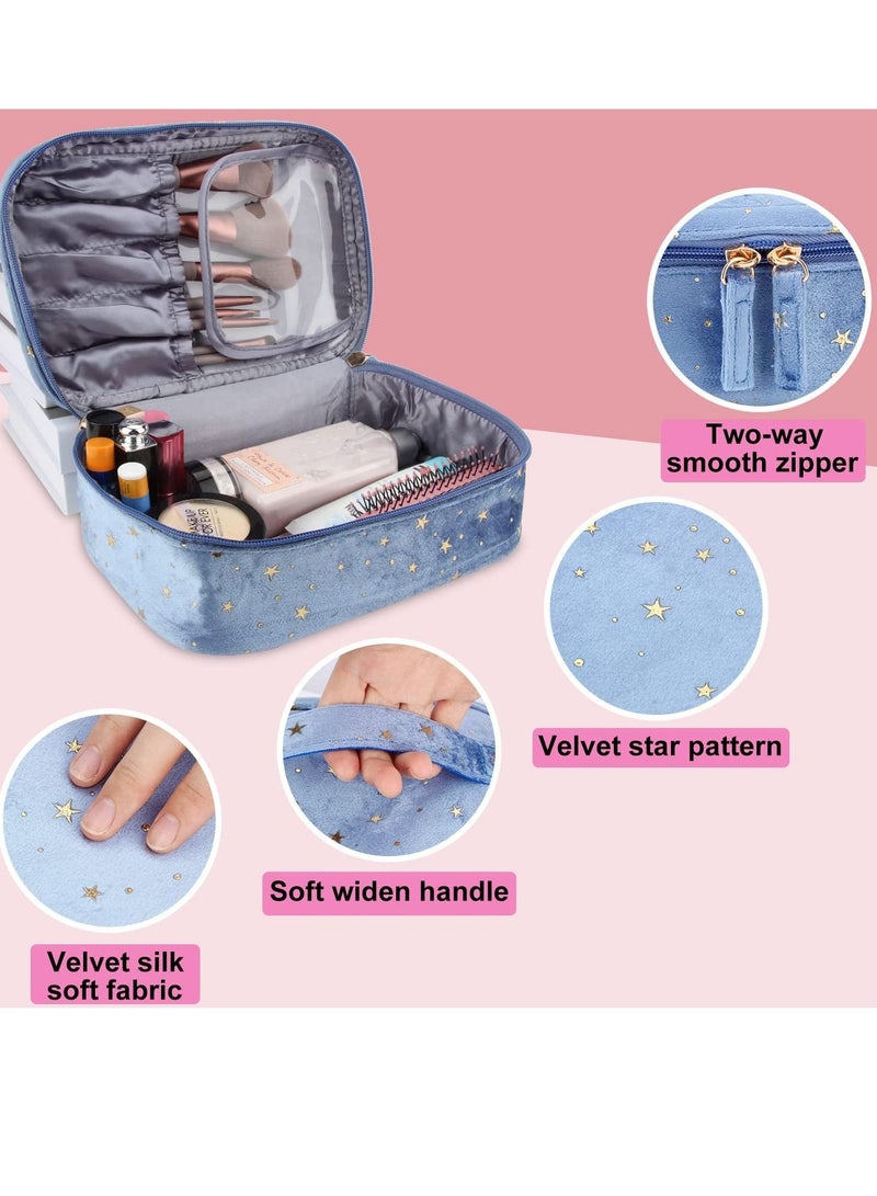 SYOSI Travel Makeup Bags for Women Velvet Makeup Bags Makeup Travel Case Small Cosmetic Bag with Handle Portable Makeup Brush Holder Organizer(Blue) - Image 4