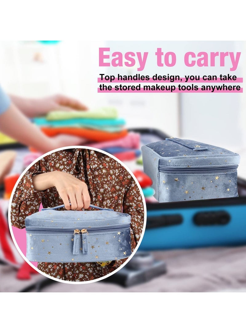 SYOSI Travel Makeup Bags for Women Velvet Makeup Bags Makeup Travel Case Small Cosmetic Bag with Handle Portable Makeup Brush Holder Organizer(Blue) - Image 2