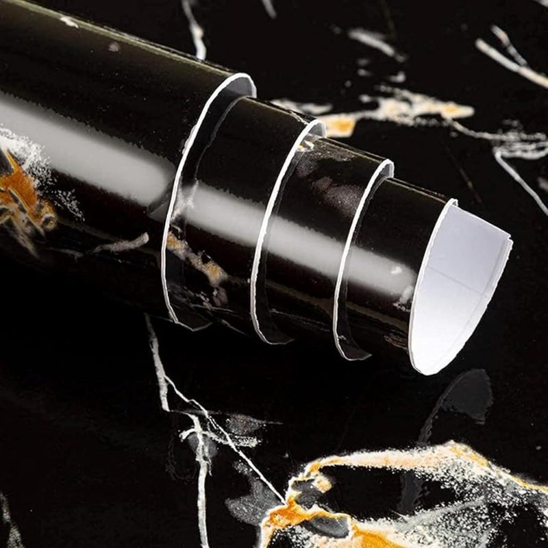 wall love ملصقات ورقية ذاتية اللصق مقاومة للزيت والماء من الرخام، كبيرة لأسطح العمل وخزائن الأثاث وغرفة البوجا والمطبخ والمنزل، ورق جدران ملصق 60 × 200 سم (ورق جدران أسود ذهبي) - Image 1