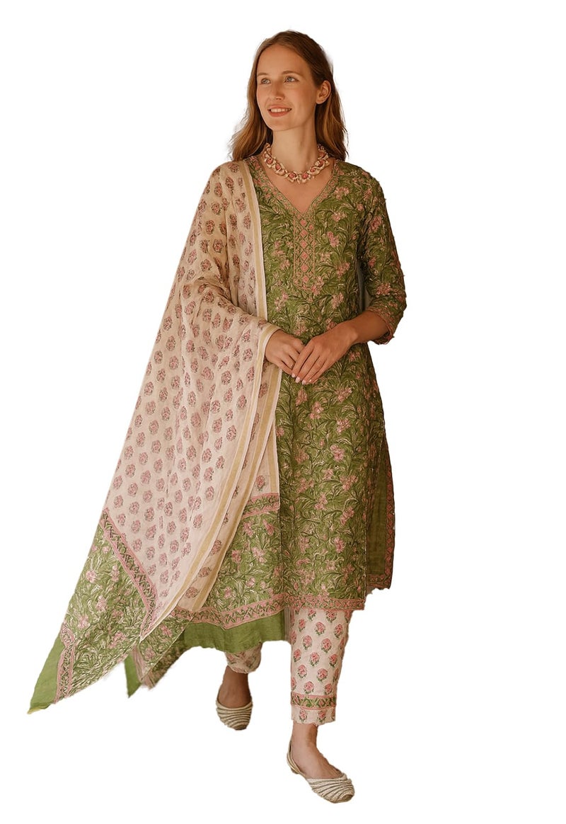 LookMark Women's Cotton Blend Printed Kurta with Pant & Dupatta| Kurta with Pants and Dupatta Set_AZ-LM-KS2140_CG1-L Green - Image 1