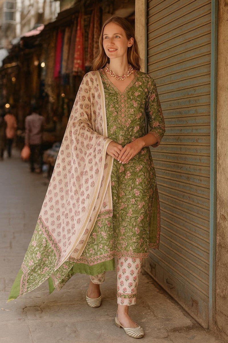 LookMark Women's Cotton Blend Printed Kurta with Pant & Dupatta| Kurta with Pants and Dupatta Set_AZ-LM-KS2140_CG1-L Green - Image 2