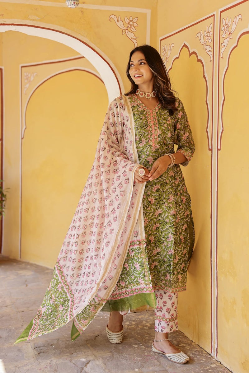 LookMark Women's Cotton Blend Printed Kurta with Pant & Dupatta| Kurta with Pants and Dupatta Set_AZ-LM-KS2140_CG1-L Green - Image 3
