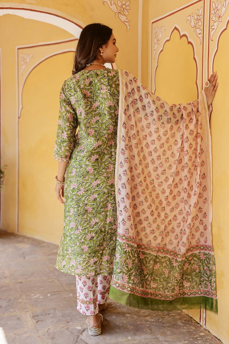 LookMark Women's Cotton Blend Printed Kurta with Pant & Dupatta| Kurta with Pants and Dupatta Set_AZ-LM-KS2140_CG1-L Green - Image 4