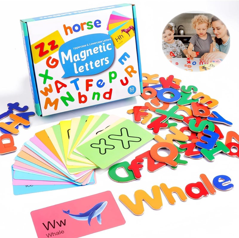 SOLARAE Magnetic Alphabet Letters Set with 26 Uppercase 26 Lowercase Letters 26 Animal Alphabet Cards, ABC Alphabet Fridge Draw Board Magnets Educational Letter Spelling Learning Cards for Toddlers - Image 1