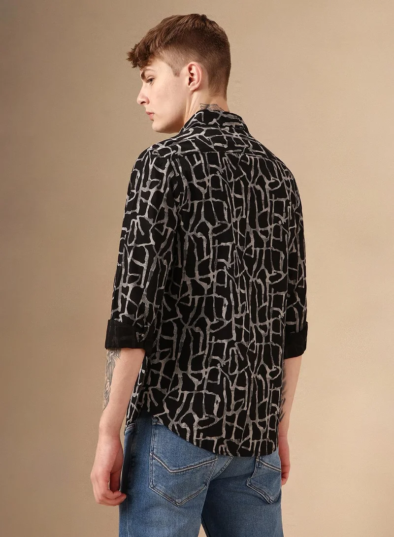 Dennis Lingo Men's Black 100% Cotton Printed Shirt