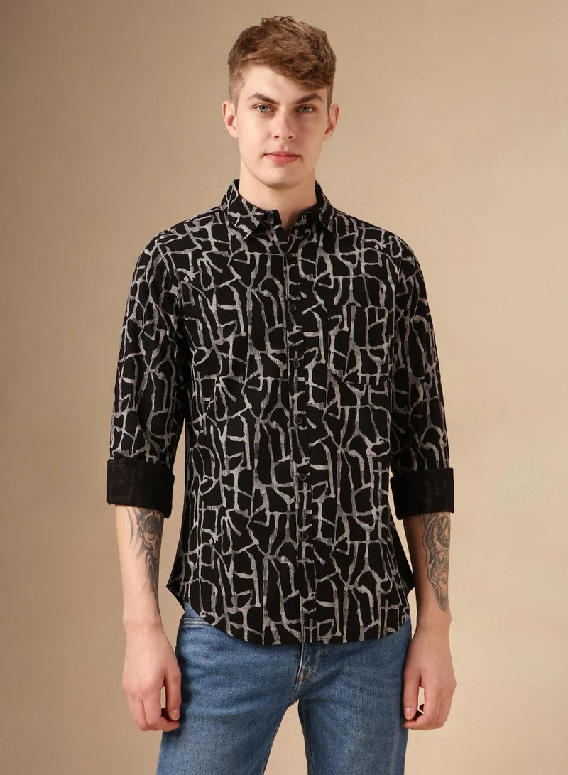 Dennis Lingo Men's Black 100% Cotton Printed Shirt