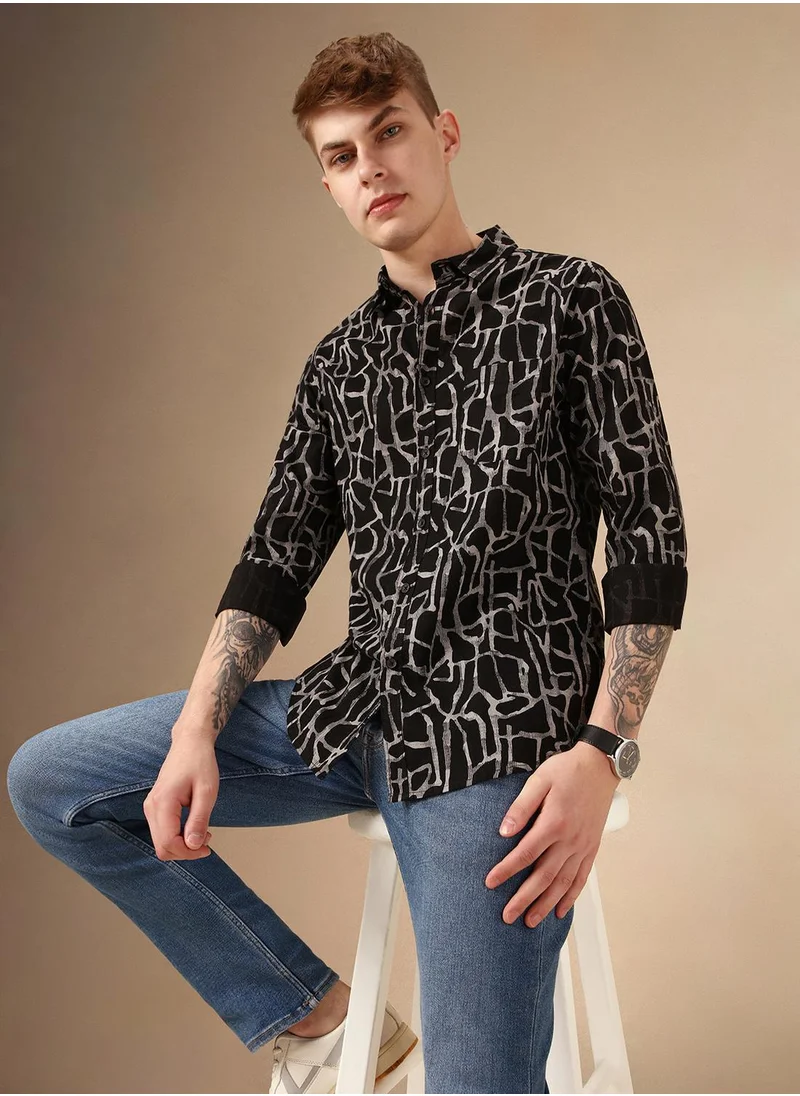 Dennis Lingo Men's Black 100% Cotton Printed Shirt