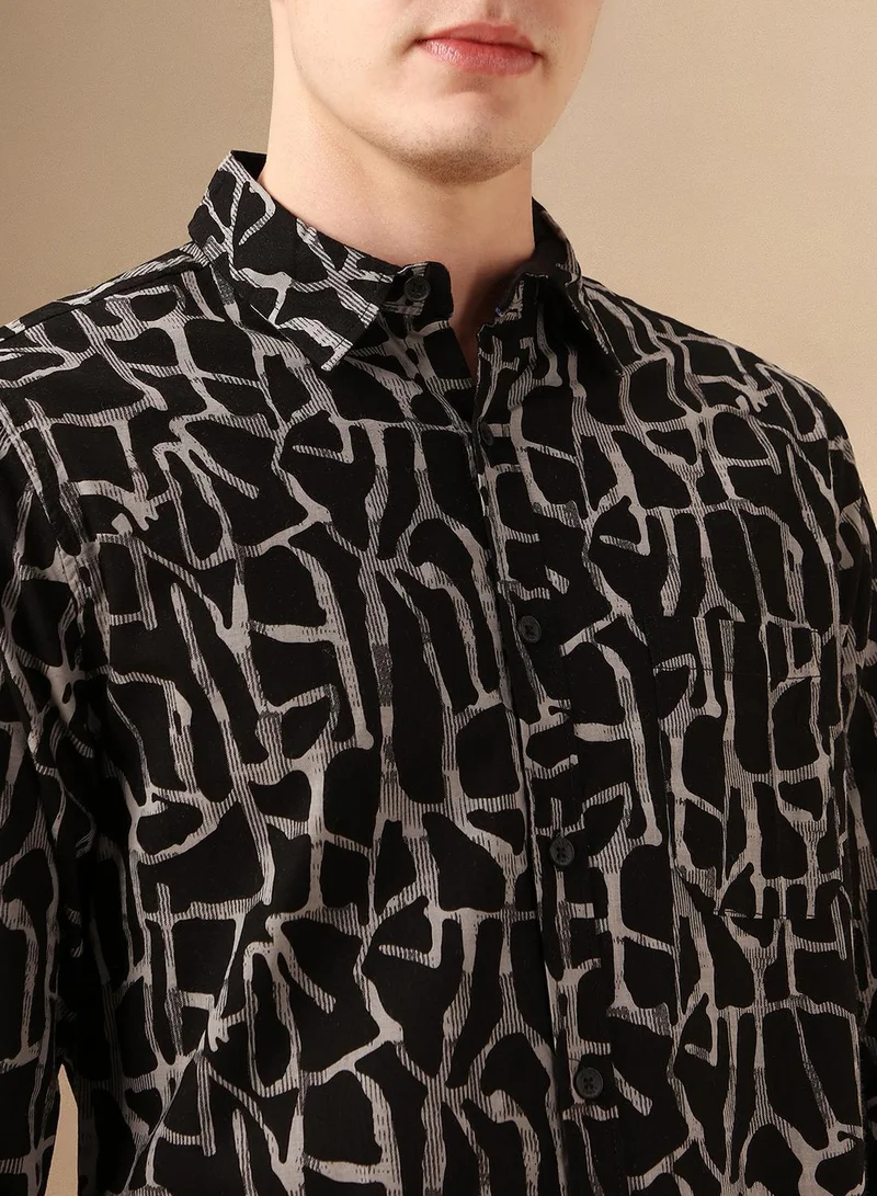 Dennis Lingo Men's Black 100% Cotton Printed Shirt