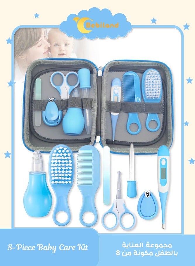 Bebiland 8-Piece Portable Baby Care Grooming and Healthcare Kit with Premium-Quality Materials, Multifunction Nursery Care Kit, Suitable for Outgoing and Traveling, Blue - Image 1