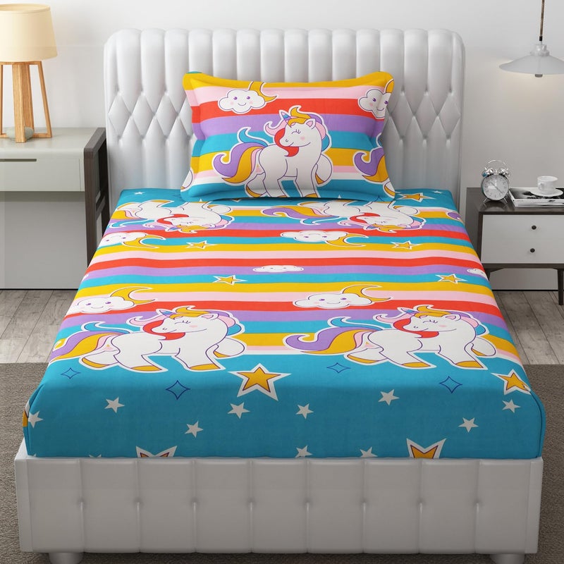 FRESH FROM LOOM فRESH FROM LOOM شراشف قطنية خالية من التجاعيد ناعمة ومضادة للحساسية مطبوعة برسوم كرتونية بحجم مفرد للأطفال مع 1 غطاء وسادة 60X90 بوصة يونيكورن غرف الأولاد والبنات 144 tc متعددة الألوان - Image 1