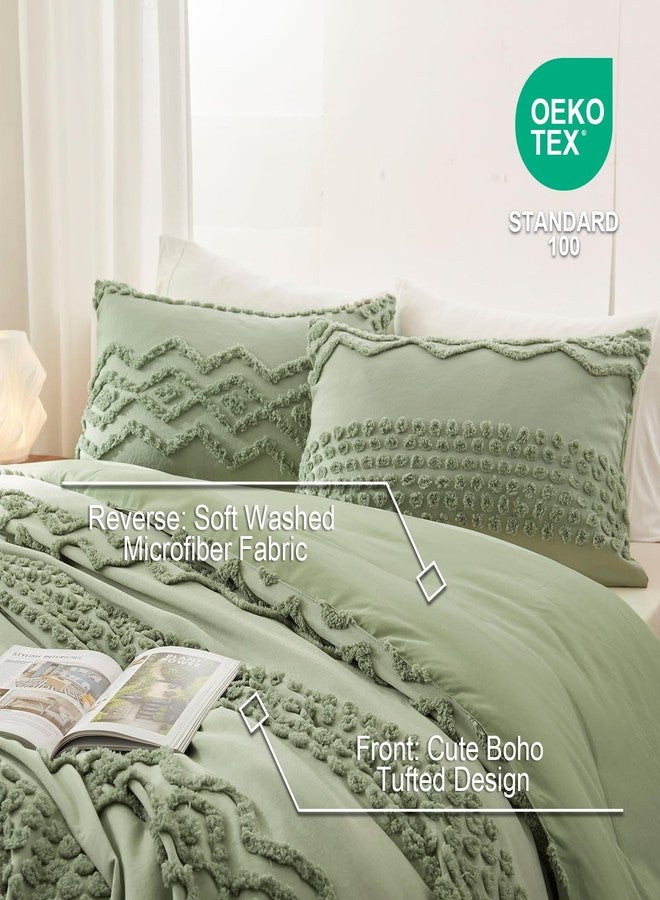 Luxudecor طقم لحاف فاخر من Luxudecor بلون أخضر حكيم، مقاس كوين، 3 قطع، بنمط بوهو شابي شيك، طقم مفروشات مطرز بنمط ريفي، لحاف جاكار ناعم لجميع الفصول (أخضر حكيم، 90 بوصة × 90 بوصة) - Image 5