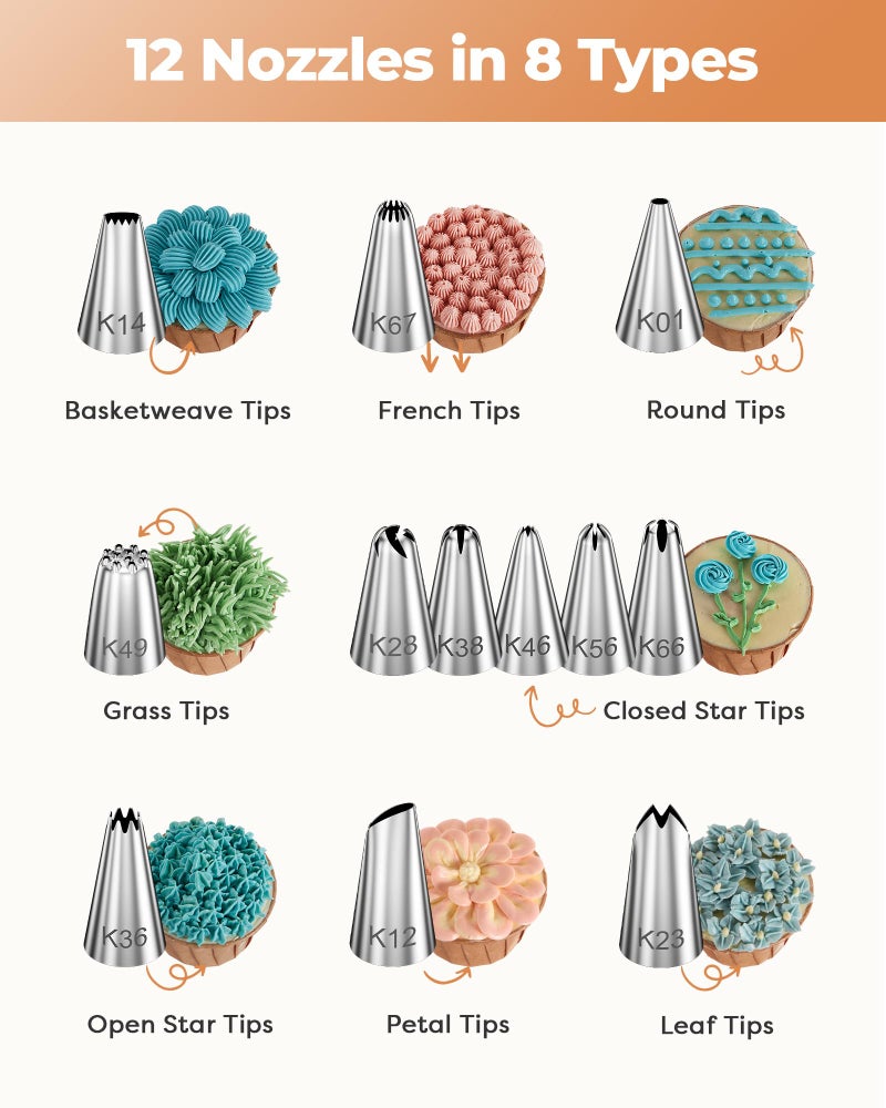 Kootek 71PCs Cake Decorating Kit, Baking Supplies Tools - Includes Cake Stand Turntable, 12 Icing Piping Tips Set, 2 Frosting Spatulas, 3 Scrapers, 50+2 Piping Bags, Coupler, Video Tutorial, Booklet - Image 2