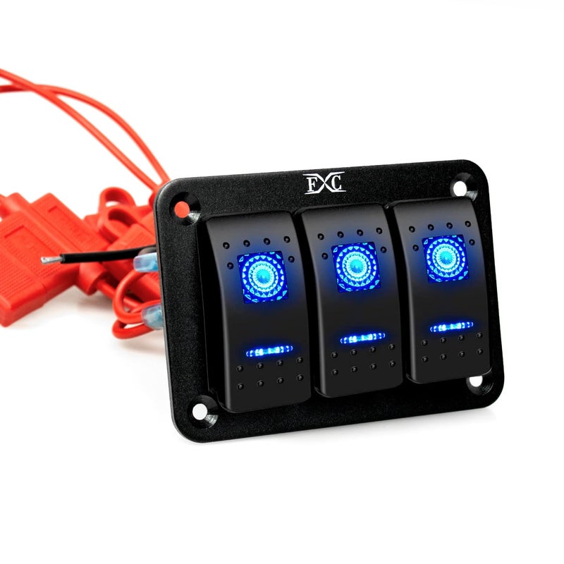 FXC Pre-Wired 3 Gang Rocker Switch Aluminum Panel with 40A Inline Fuse, Waterproof 6-Pin On-Off Car Boat Switch, Blue LED Switch Panel for Marine Boat Automotive RV Truck ATV Vehicles 12V/24V - Image 1
