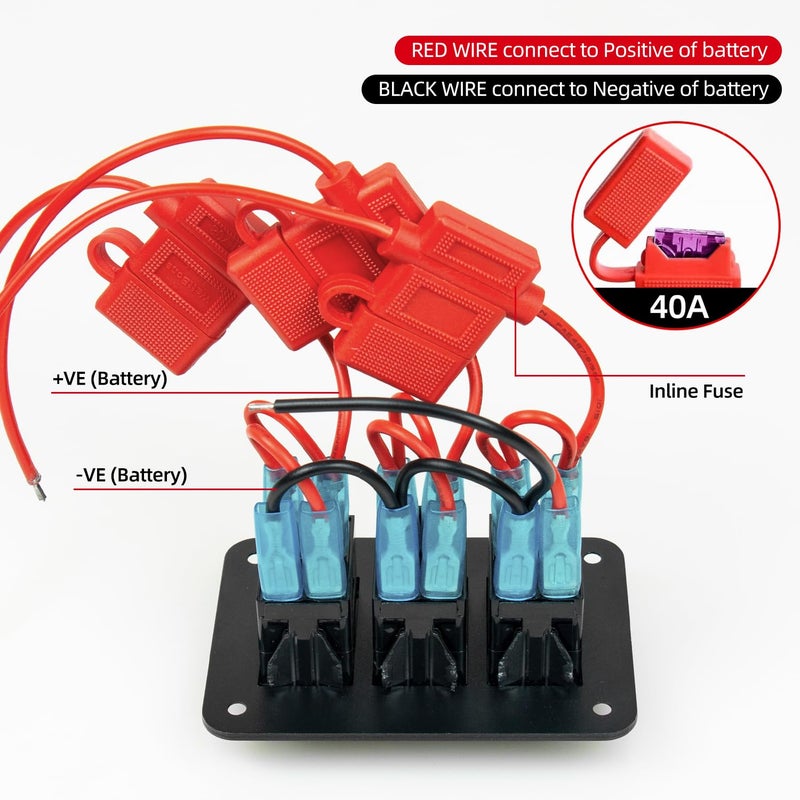 FXC Pre-Wired 3 Gang Rocker Switch Aluminum Panel with 40A Inline Fuse, Waterproof 6-Pin On-Off Car Boat Switch, Blue LED Switch Panel for Marine Boat Automotive RV Truck ATV Vehicles 12V/24V - Image 4