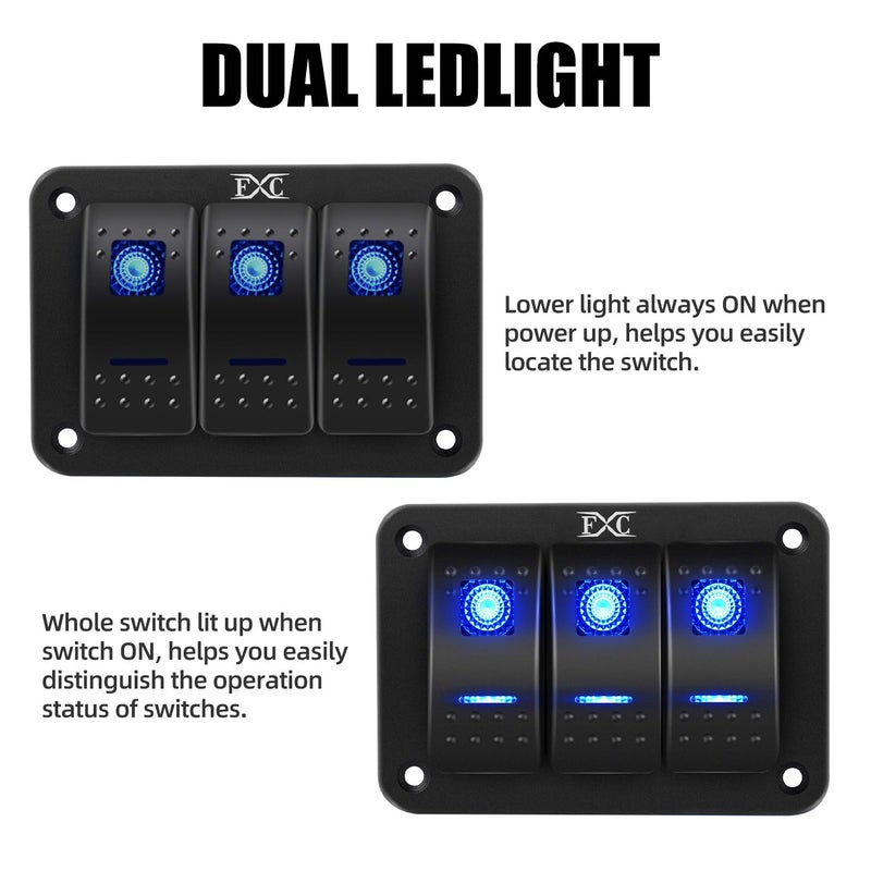 FXC Pre-Wired 3 Gang Rocker Switch Aluminum Panel with 40A Inline Fuse, Waterproof 6-Pin On-Off Car Boat Switch, Blue LED Switch Panel for Marine Boat Automotive RV Truck ATV Vehicles 12V/24V - Image 3