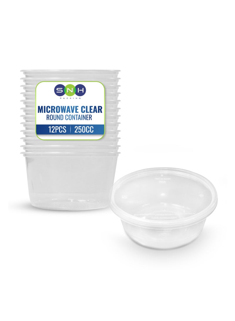 إس إن إتش باكينج SNH تعبئة 12 عبوة من الحاويات البلاستيكية الدائرية الشفافة بسعة 250 مل، آمنة للاستخدام في الميكروويف، مع أغطية – مثالية لتحضير الوجبات، تخزين الطعام، وقابلة لإعادة الاستخدام أو الاستخدام مرة واحدة. - Image 1